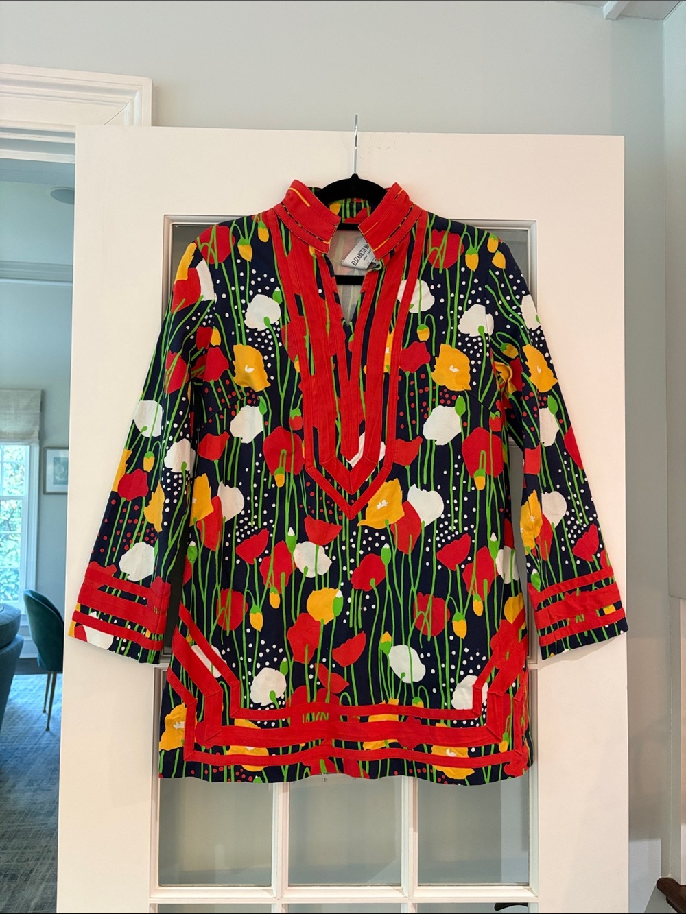 Elizabeth McKay Navy Tunic with Red, Yellow and White Tulip Print